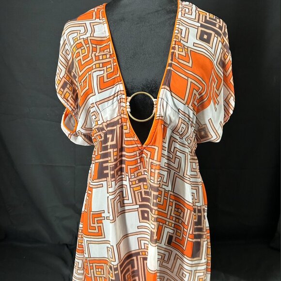 Becca by Rebecca Virtue Brown, Orange V-Neck Printed Mini Dress Size M - Picture 3 of 3